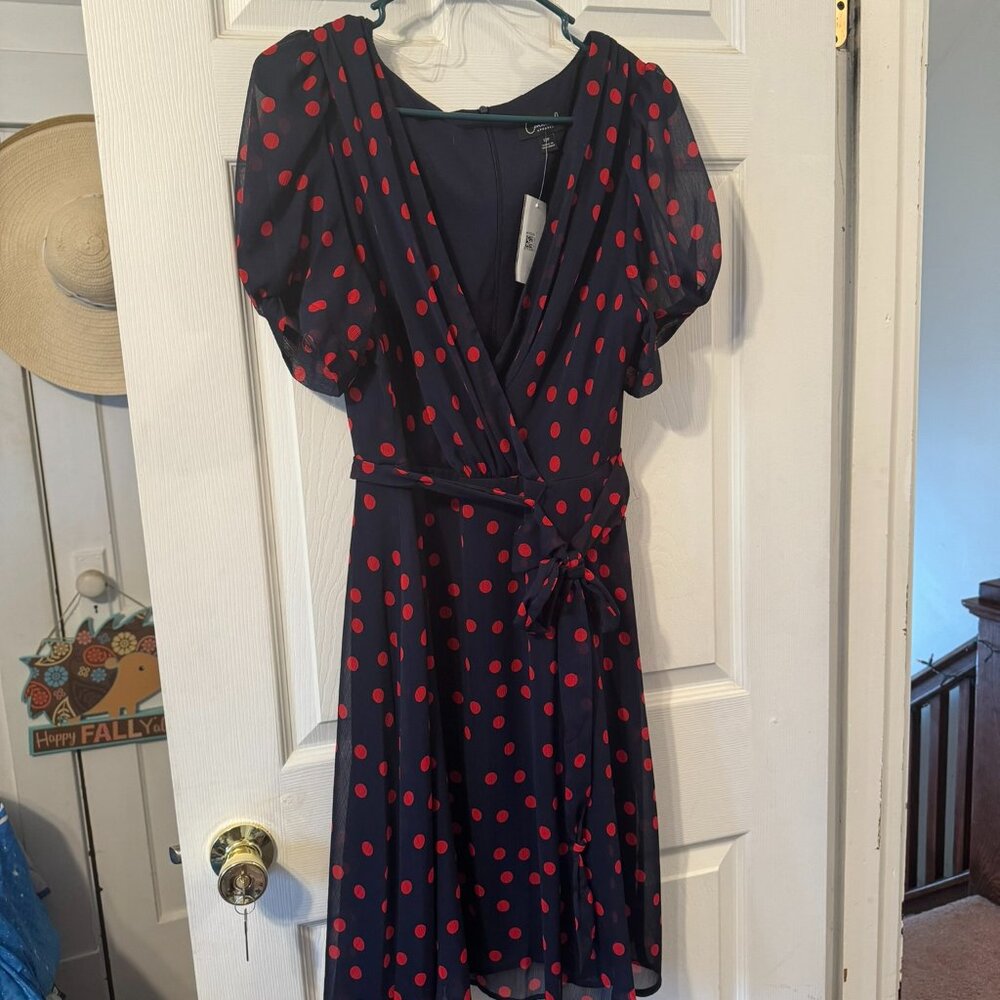 Connected Blue Faux Wrap Dress with red polka dots.  NWT.  Size 12 Petite.